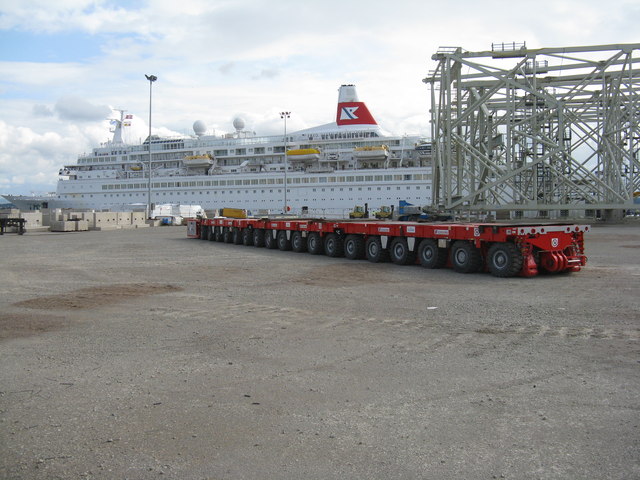 Long trailer and cruise ship 'Black Watch' at Rosyth