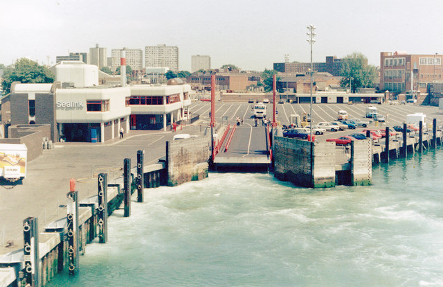 Portsmouth Harbour: looking back from car-ferry leaving Gunwharf Terminal  for Fishbourne, Isle of Wight, 1985