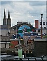 The William of Orange mural and the twin spires of the Catholic Cathedral