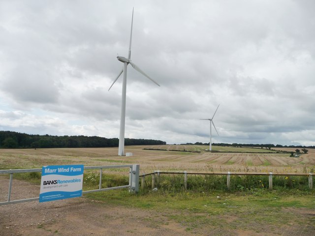 Entrance and two turbines, Marr Wind Farm