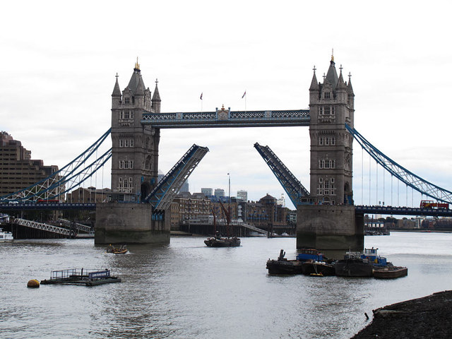 Tower Bridge open for a sailing ship
