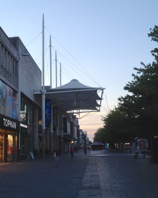 Southampton at dusk  canopy at WestQuay shopping centre entrance, Above Bar Street