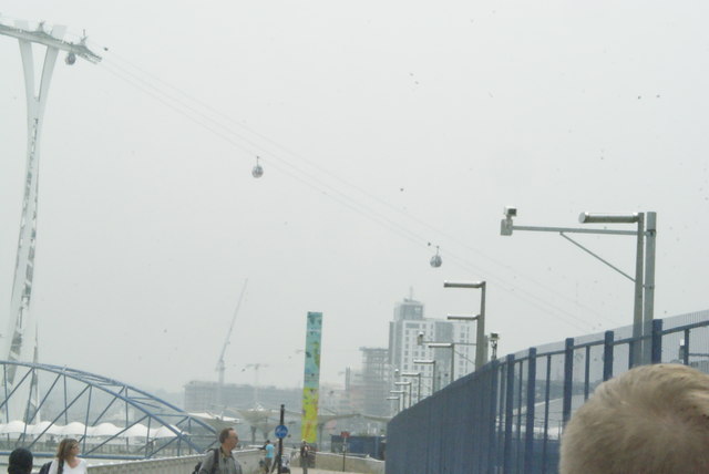 View of the Emirates Air Line descending toward the Greenwich Peninsula stop