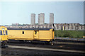 Rolling stock at Springburn, with Red Road Flats in the background