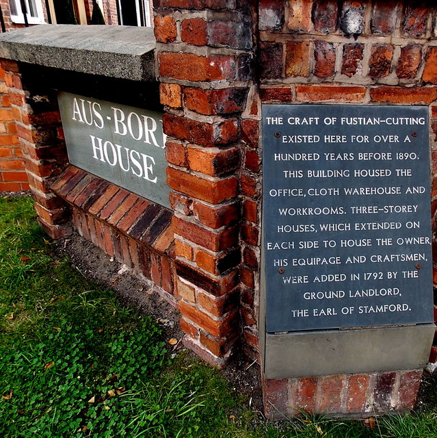 Fustian-cutting plaque outside Aus-Bore House in Wilmslow
