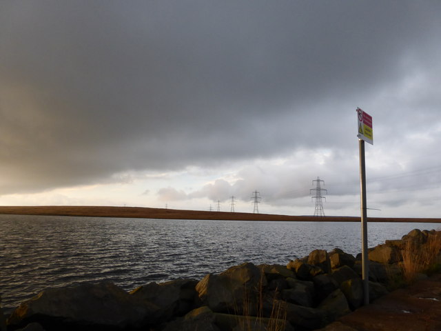 Blackstone Edge Reservoir, pylons and rainclouds