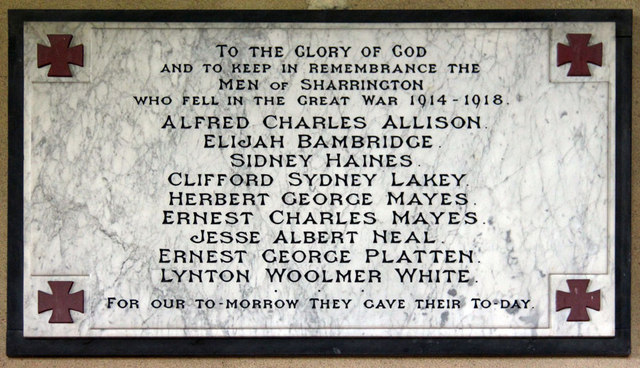 All Saints, Sharrington - Wall monument WWI