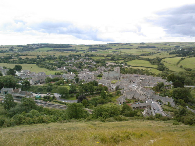 Corfe Castle village from East Hill