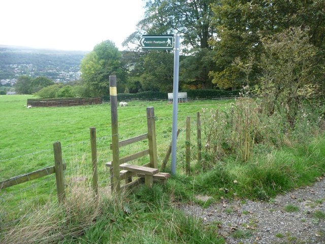 Footpath signpost and stile, south side, Hardings Lane