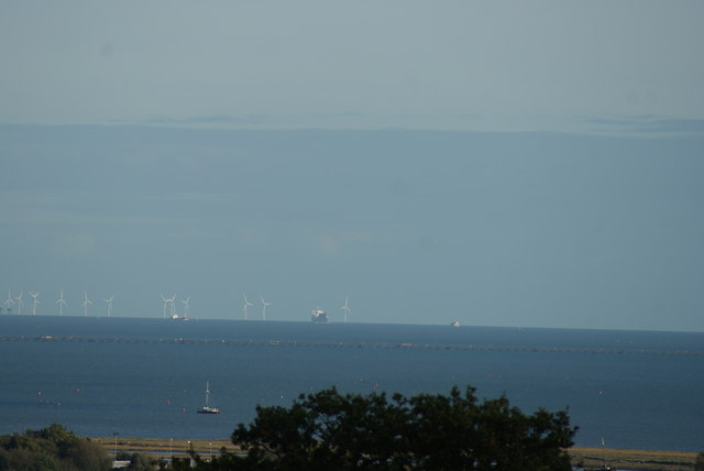 View of an offshore windfarm and the sea from the path up to Hadleigh Castle #2
