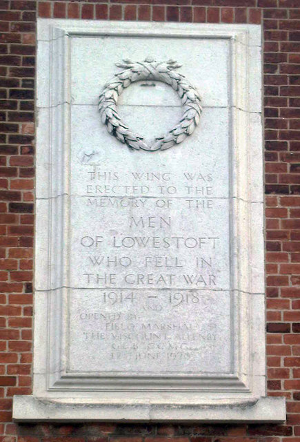 Memorial stone on the wall of Lowestoft Hospital