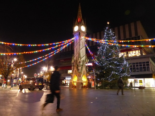 Christmas lights at The Haymarket Memorial Clock Tower