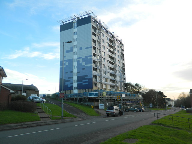 Block of flats undergoing recladding, Gaer Rd, Newport