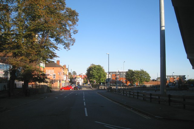 East on Ford Street, north of the elevated ring road, Coventry