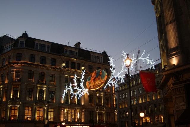 View of the Regent Street Christmas decorations from Great Marlborough Street