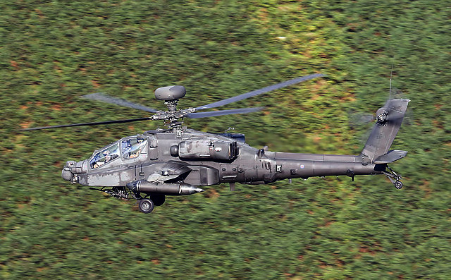 An Apache helicopter in the Pass of Dunmail Raise