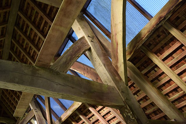 Roof structure in cruck barn at Barrandaimh