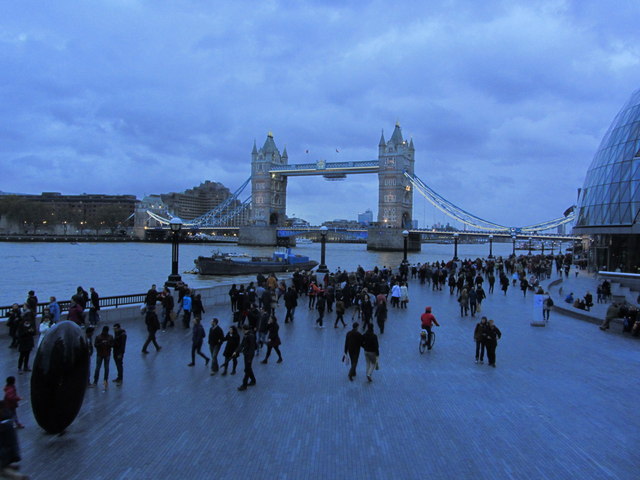 Tower Bridge at dusk as seen from beside City Hall