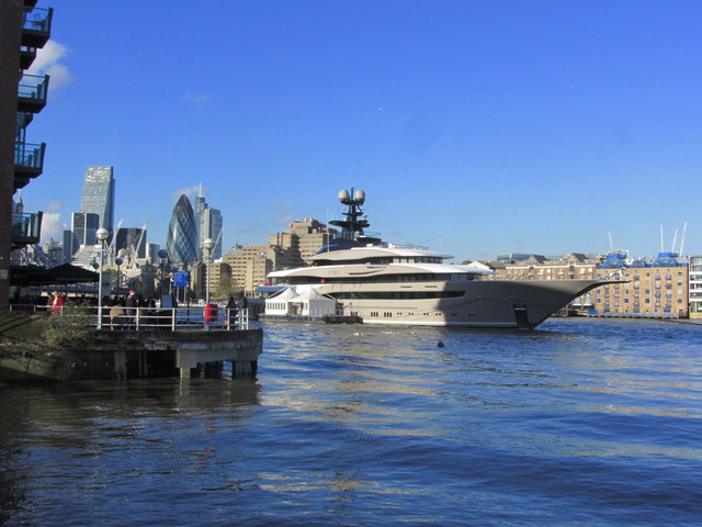 Luxury yacht 'Kismet' moored on R Thames E of Tower Bridge