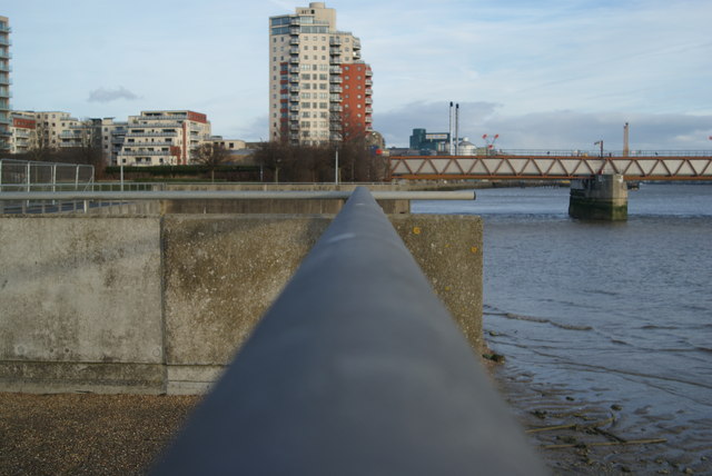 View along the railings on the Thames Path towards the Thames Barrier #2