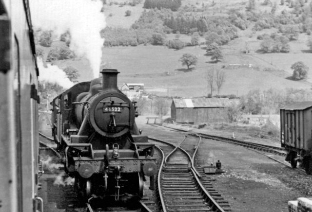 Talybont-on-Usk, 1957: two light-engines coupled pass our train for Brecon on the mountainous line from Merthyr