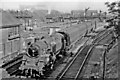 Eastward to Barking Station from A124 bridge, with Up train to Fenchurch Street, 1955