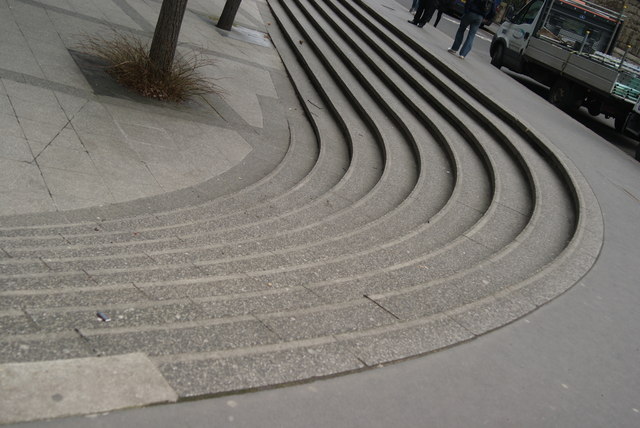 View of the curved steps outside the Heron Tower