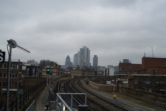 View of the Gherkin, Broadgate Tower and Tower 42 from Hoxton Station #2