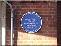 TQ3278 : Walworth Clinic – blue plaque for Michael Faraday at the Larcom Street entrance by Robin Stott