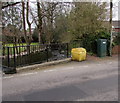 Yellow grit box and green stream monitoring station, Upper Mill Road, Pontarddulais