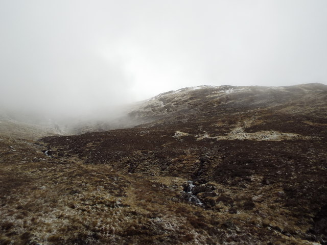 Cloud just about clearing a steep coire on Beinn Sgritheall