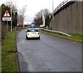 Cattle grid warning sign alongside an A470 slip road in Pontypridd