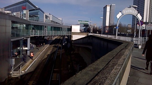 View into Shepherds Bush station, from the north-west side of the Shepherd's Bush roundabout