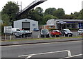 Hollybush Road businesses under a high footbridge, Bridgnorth