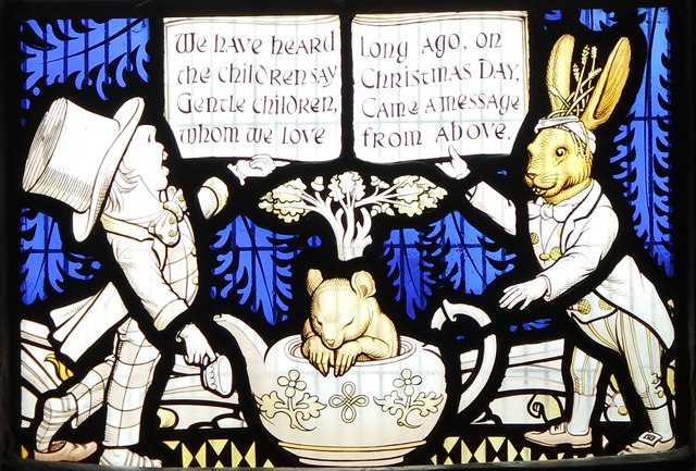 Alice in Wonderland stained glass window, Mad Hatter, All Saints Church Daresbury