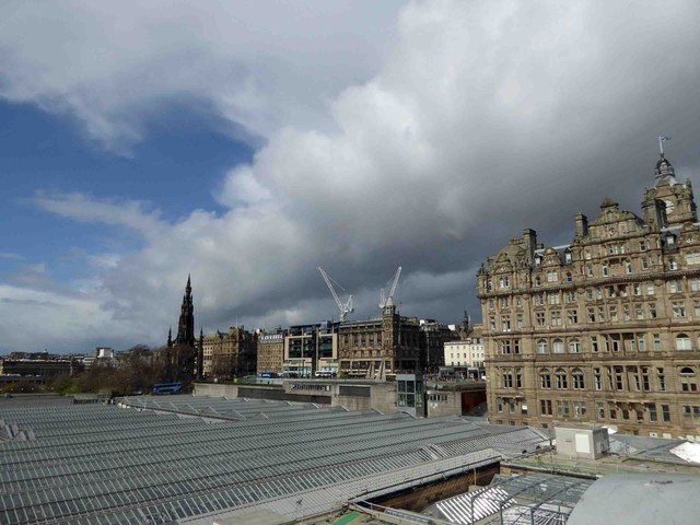 View over Waverley station roof to Princes St Edinburgh
