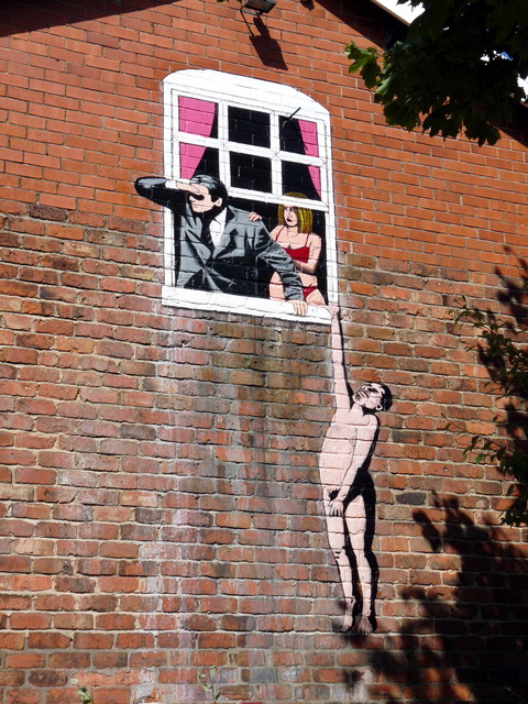 Naked man hanging from window © Paul Charlesworth cc-by-sa 