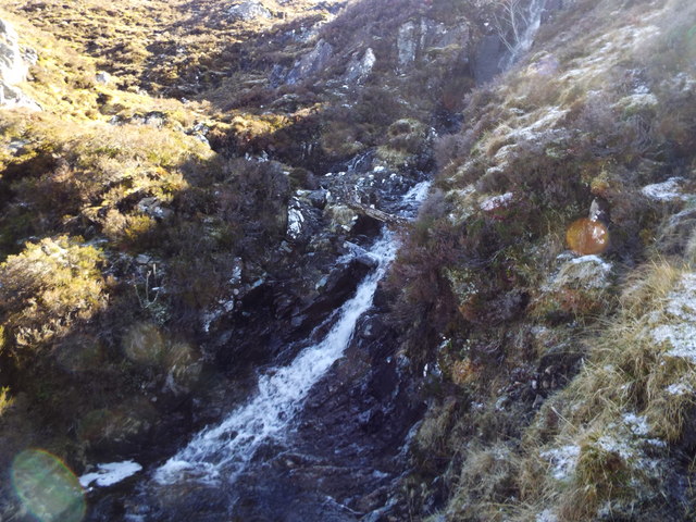 Upper waterfall on burn course near Carn na Saobhaidhe in Killilan Forest