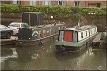 TL3213 : View of two narrowboats moored on the River Lea at Hertford by Robert Lamb