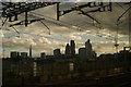 View of the Shard, Walkie Talkie, Gherkin, Tower 42 and Heron Tower from a train from Hertford East approaching Liverpool Street