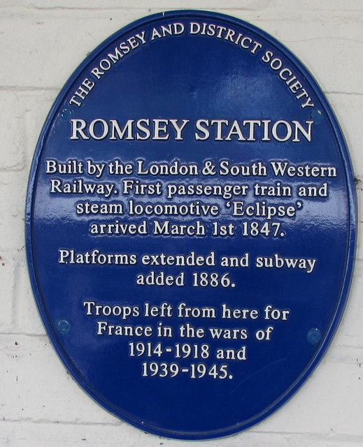 Potted history of Romsey railway station on a blue plaque