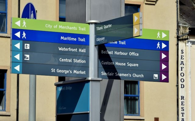 Pedestrian direction signs, Belfast (June 2015)
