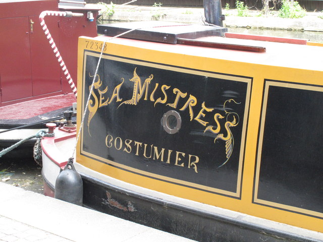 Sea Mistress, Costumier - decorative name on narrowboat in Paddington Basin