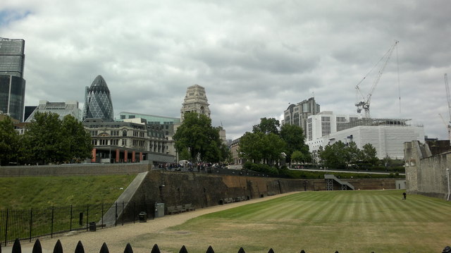 View of the Gherkin and Trinity House from the walkway in the Tower of London