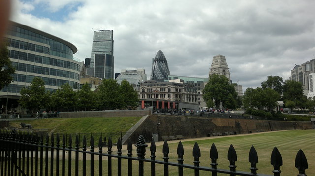 View of the Heron Tower, Gherkin and Trinity House from the walkway in the Tower of London