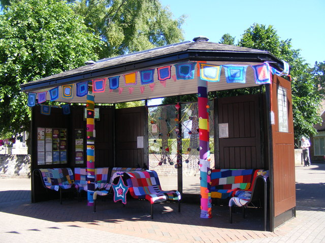 Tring's bus-shelter has been given a make-over with knitted blankets and decorations