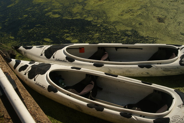 View of a pair of canoes by the River Lea towpath