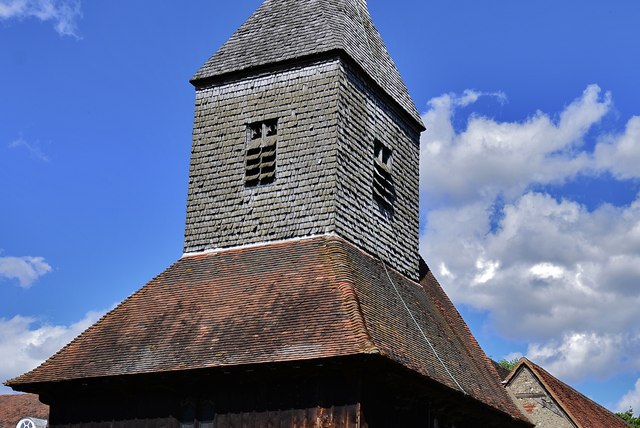 Margaretting: St. Margaret's Church: The c15th wooden tower and shingled broach spire