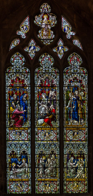 Stained glass window,  north nave, Tewkesbury Abbey