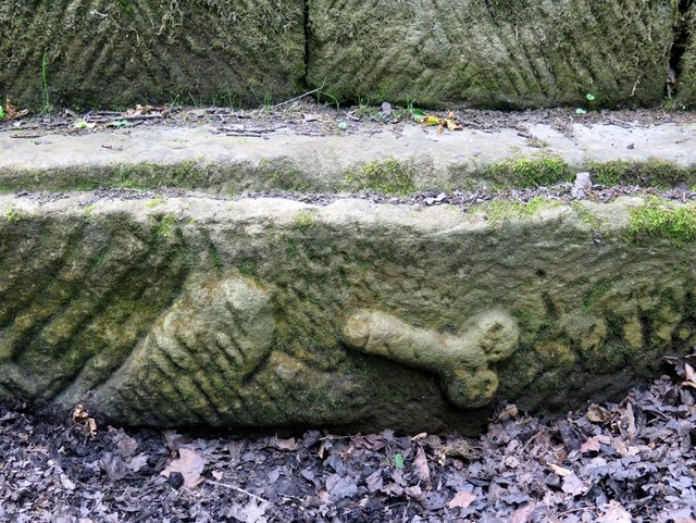 Carved stone at remains of Chesters Roman Bridge